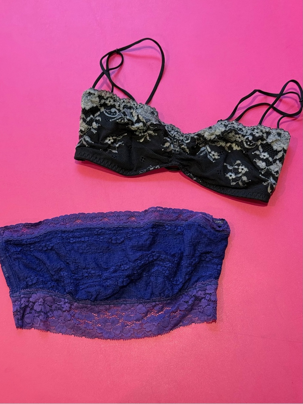 FREE PEOPLE Intimately Bralette Set Black Floral Strappy & Purple Bandeau Small